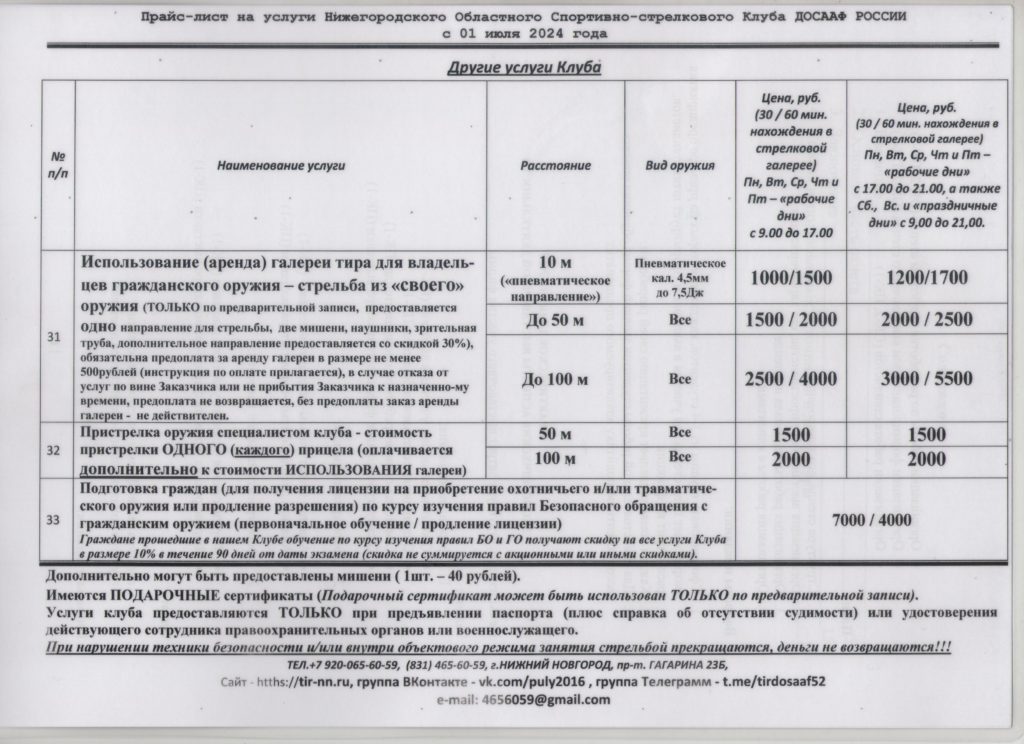 Цены на услуги тира в Нижнем Новгороде